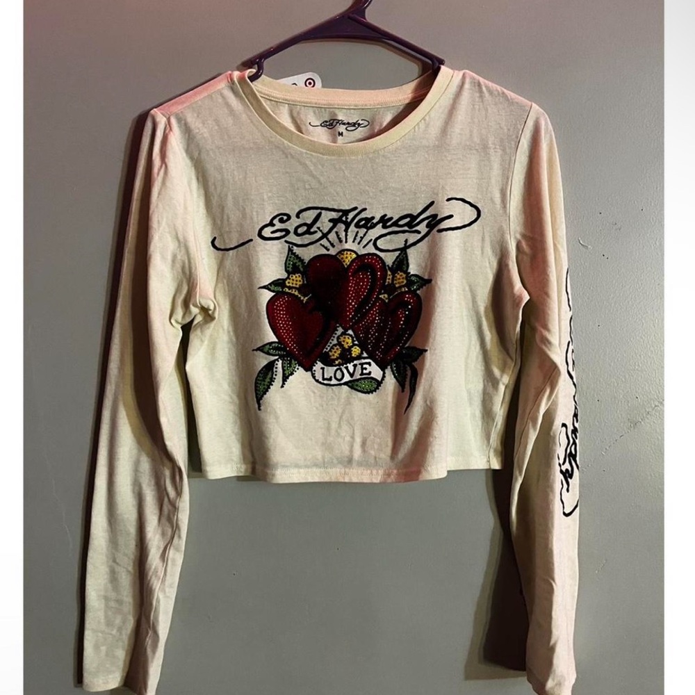 Ed Hardy Cream Long Sleeve Tee with Red Heart Motif